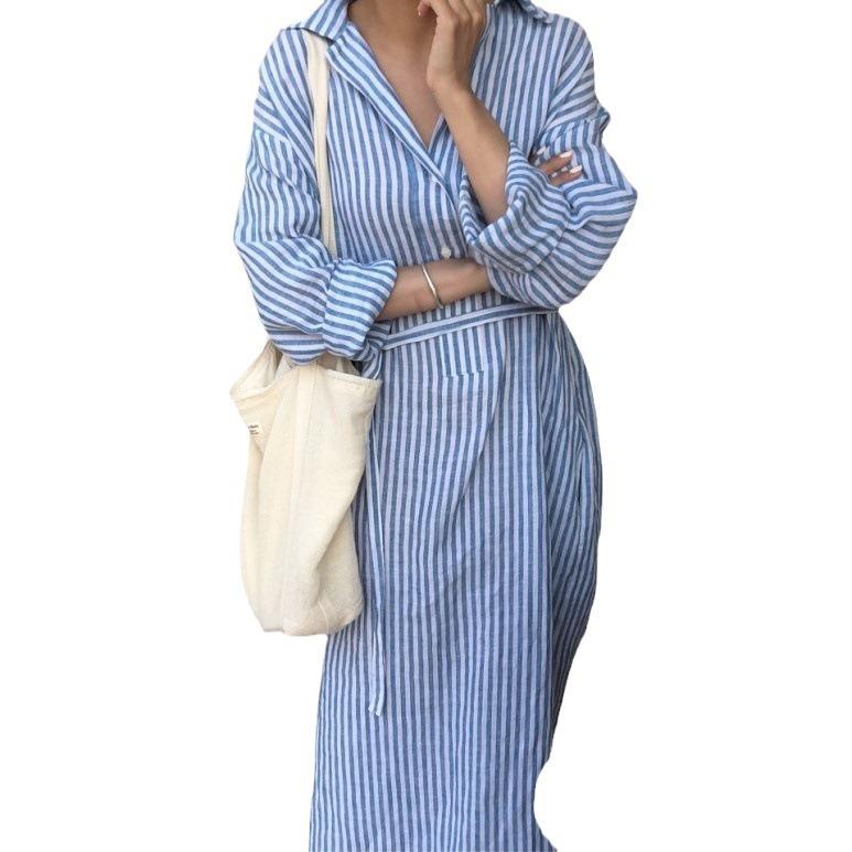 Spring Summer Women Long Dresses Striped Lace Up Cotton and Linen Shirt Dress