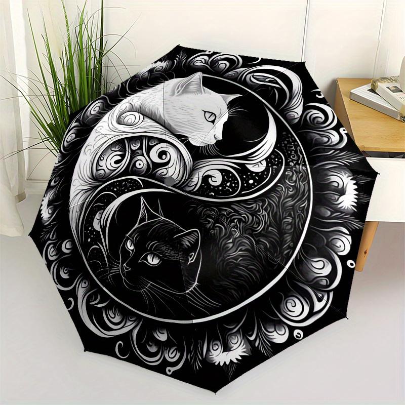 Yin Yang Cats Umbrella - Automatic Open/Close, 3-Fold Compact, Black & White Chinese Philosophy Design with Yin-Yang Symbol & Iron&8K
