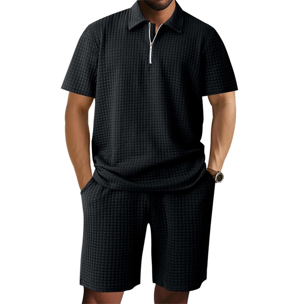 Men'S Solid Color Casual Collar Short Sleeved Shorts Two-Piece Set