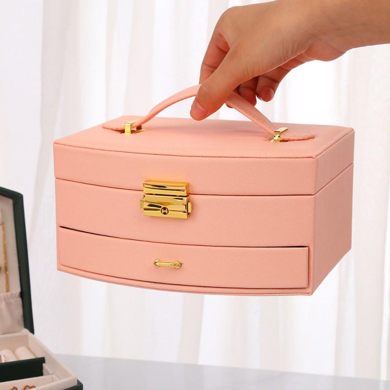 Large Double-Layer Lockable Jewelry Box With Handle PU Leather Storage Case Rings Necklaces Accessories