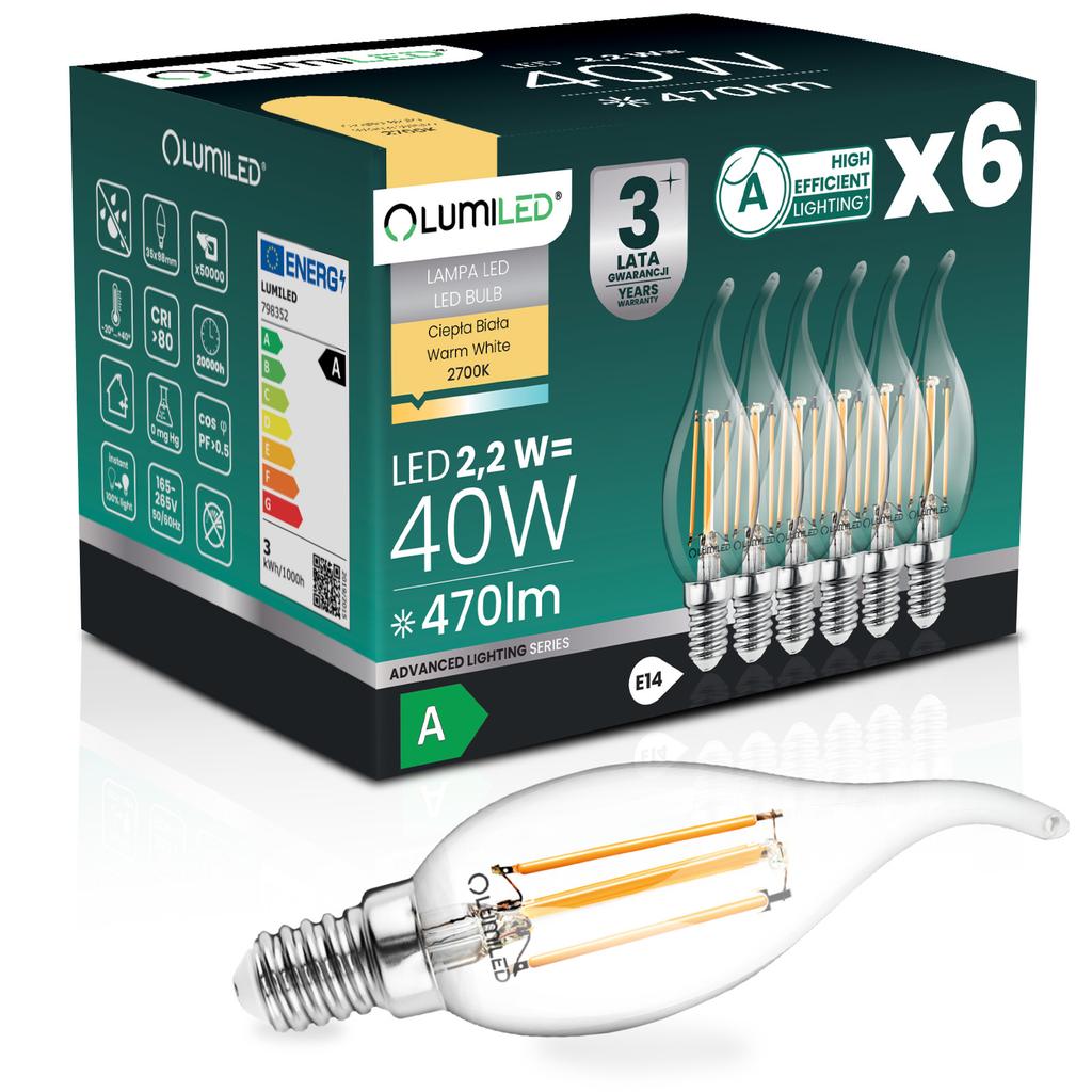 6X E14 Led Bulb Candle Ba35 2.2W 470Lm = 40W 2700K Warm 360° Filament Class A Lumiled