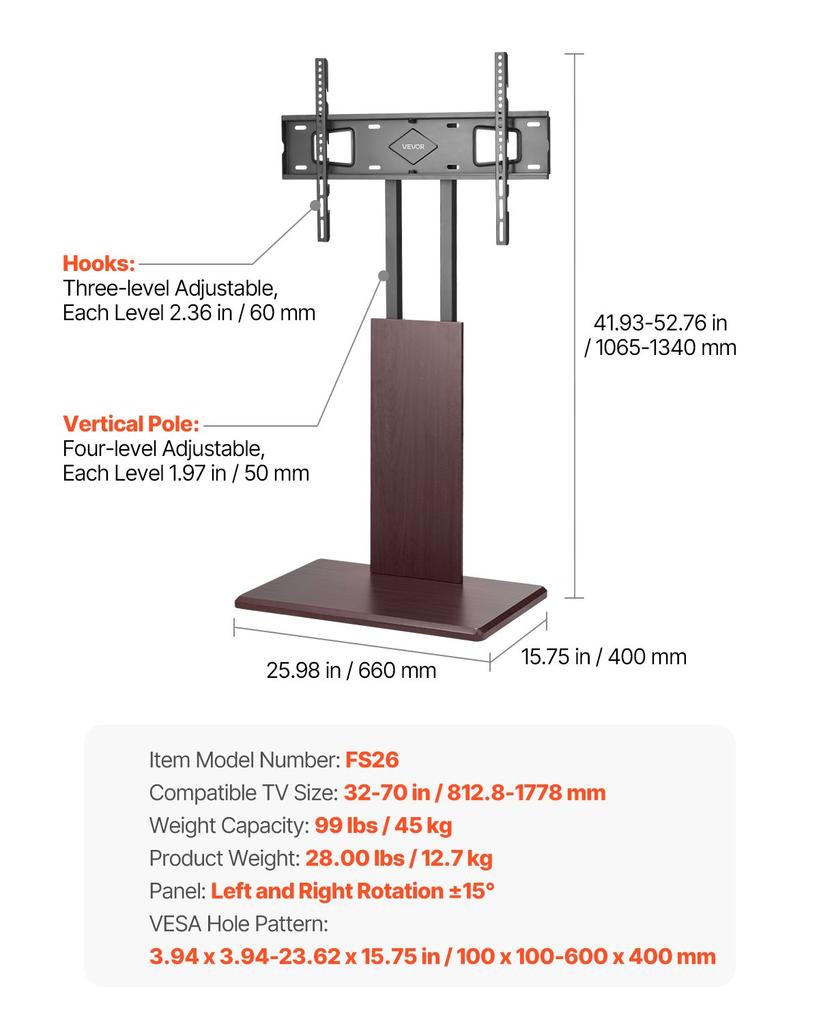 VEVOR Universal TV Stand, Table Top TV Stand for 32-70 Inch Screens, Swivel and Height Adjustable TV Mount Stand Holds Up To 99 Lbs with Power Strip