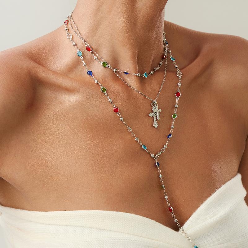Modny Lekki Luksusowy Naszyjnik z Zawieszką Krzyża Jezusa Dla Kobiet Modny Kolorowy Kryształowy Łańcuszek Choker Biżuteria Chrześcijańska Prezent