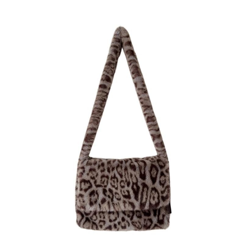 Fall Winter Faux Fur Leopard Tote Bag Large Capacity Shoulder Crossbody Students