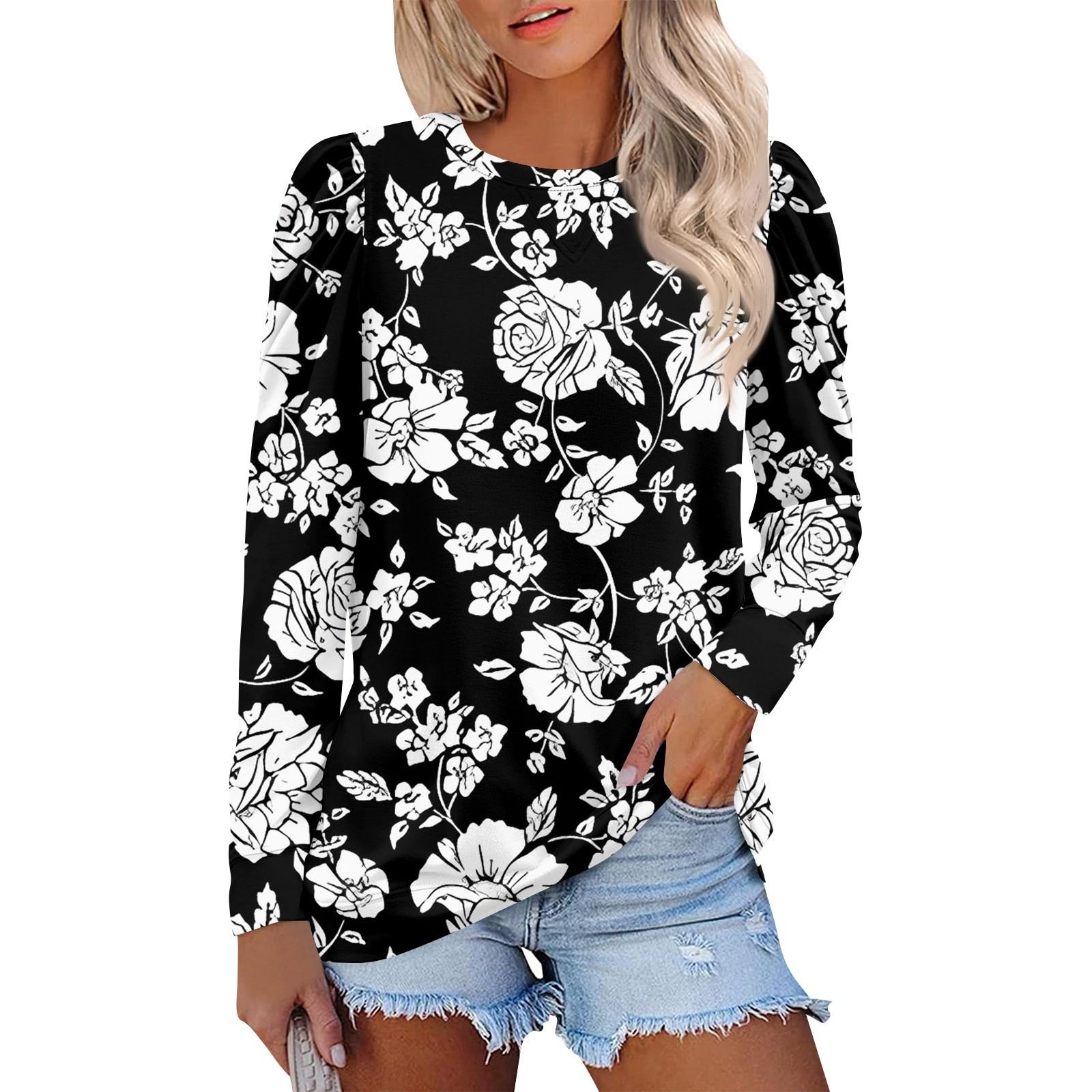 

Топы для женщин, осенние рубашки с длинным рукавом, повседневные свитера с круглым вырезом, мягкие свободные топы с принтом L чёрный