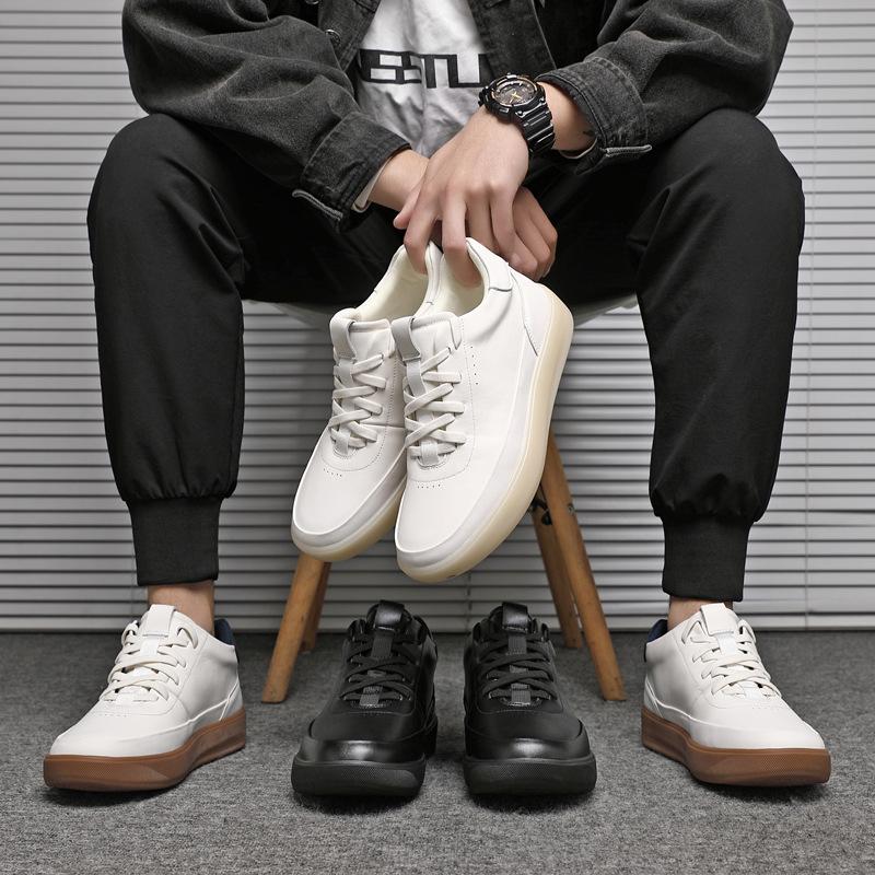 Men'S Autumn Winter Genuine Top Layer Cowhide High-Top Skate Shoes, Light Luxury Thick Sole German Trainers, Versatile White Casual Sports Sneakers