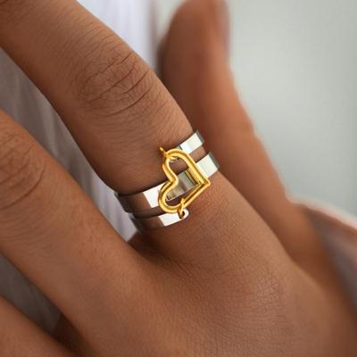 Stainless Steel Double-Layer Ring Women Golden Heart Hollow Ring Minimalist Stylish Design for Party Banquet Jewelry Accessories