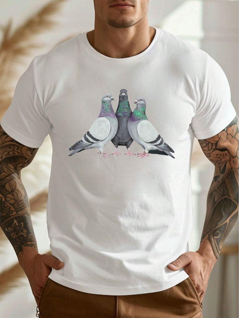 Mens Geometric Three Pigeons Print Crew Neck TShirt  Lightweight Summer Casual Tee with Unique Color Patterns