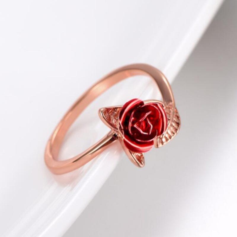 Anillo Abierto Flor Rosa Roja Hoja Flor de Pedrería para Mujer Anillo de Dedo Ajustable Joyería Regalo de San Valentín Compromiso