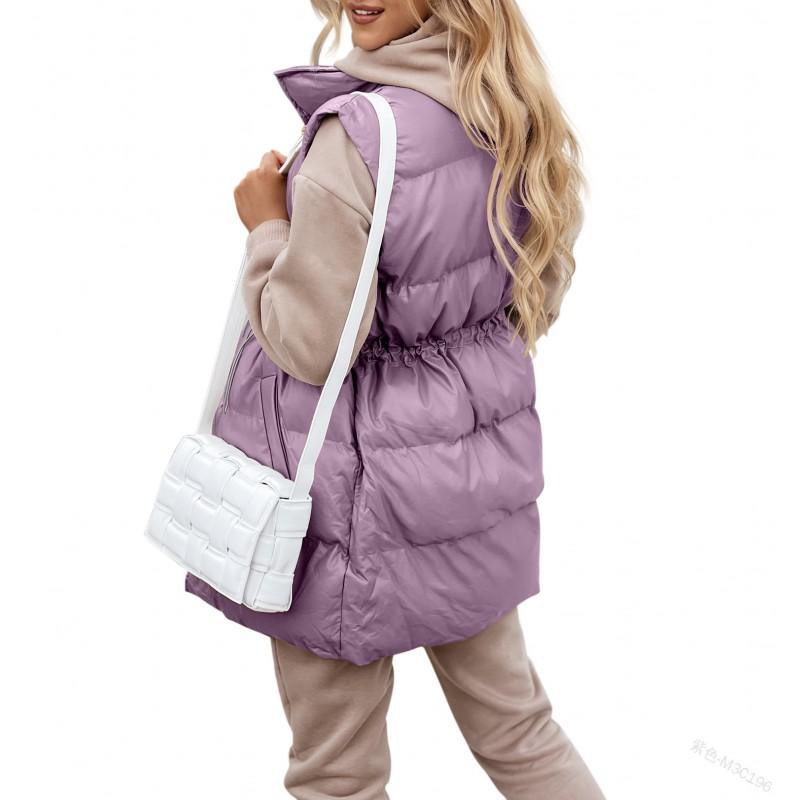Womens Mid-Length Solid Color Drawstring Loose Cotton Vest With Zipper Pockets Outdoor Camping Hiking