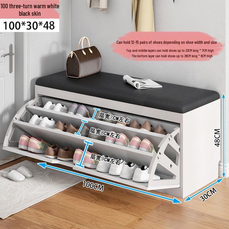 Shoe Storage Bench with Flip-Top Cabinet and Integrated Stool for Entryway