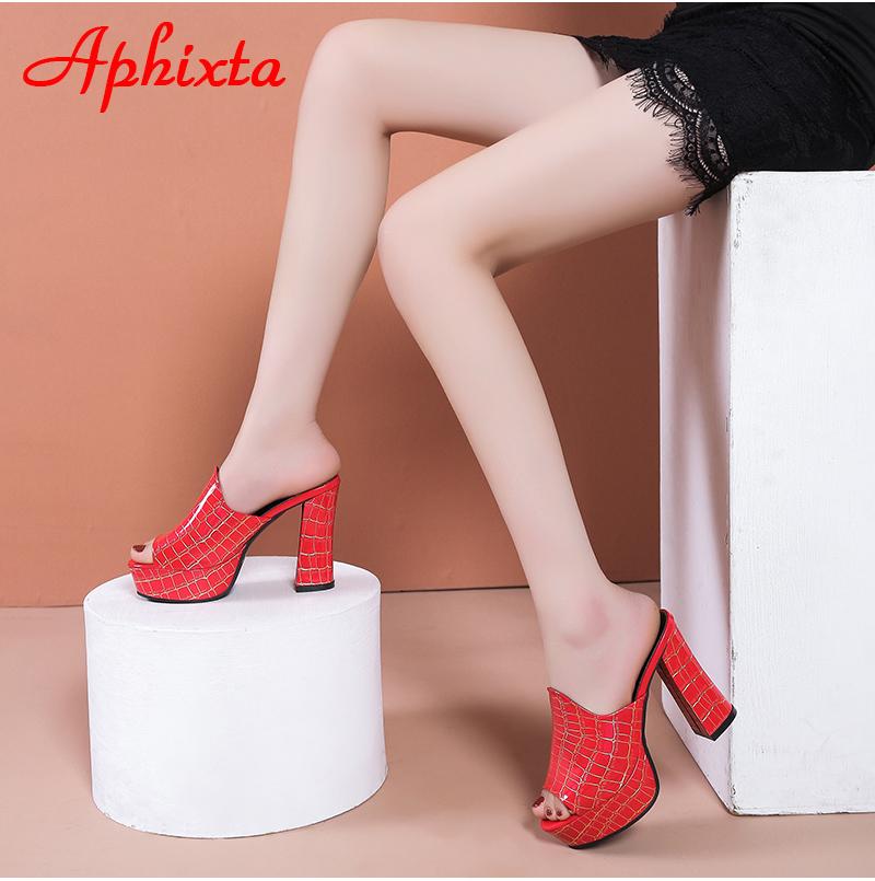 Aphixta 10.5cm Square Heels Platform Slides Women Mules Design Peep Toe Slippers Sandals Summer Cool Shoes Female Big Size 41