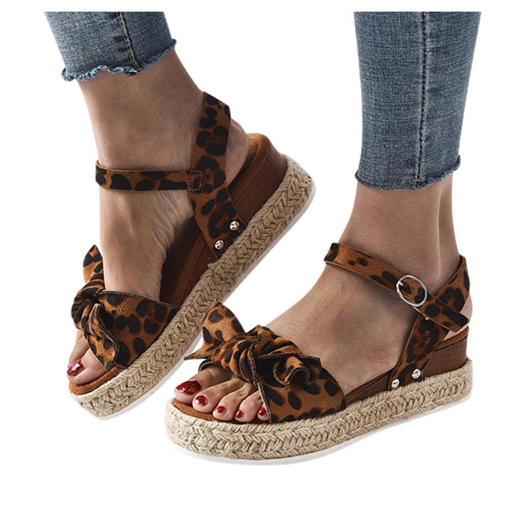 Women's Ladies Fashion Solid Leopard Wedges Bowknot Sandals Casual Shoes