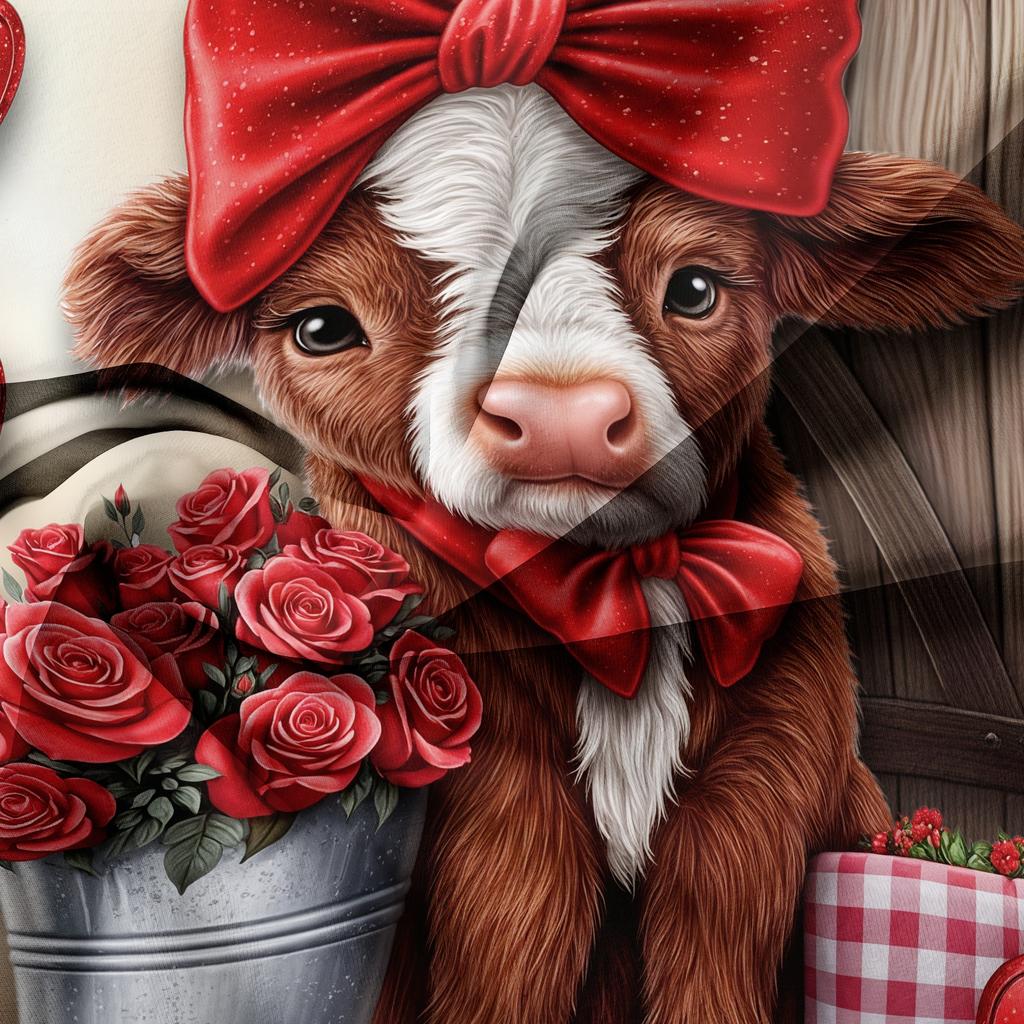 3pcs Valentine's Day Rose Bow Heart,Cattle Animal Printing Bedding Duvet Cover Set Room 2D Cartoon Flat Printing Festival Gif