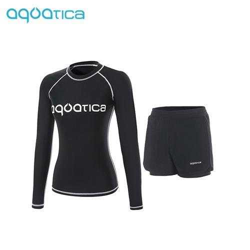 Akuatika Women'S Rash Guard Aqawts23008 + Layered Swim Board Shorts Bk Set