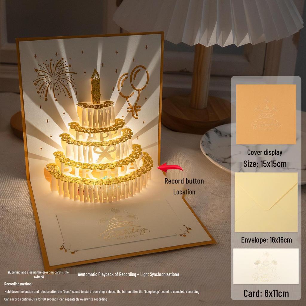 3D Pop-Up Birthday Sound Card with Recording Light - Cake Design for Boyfriend/Girlfriend Gift