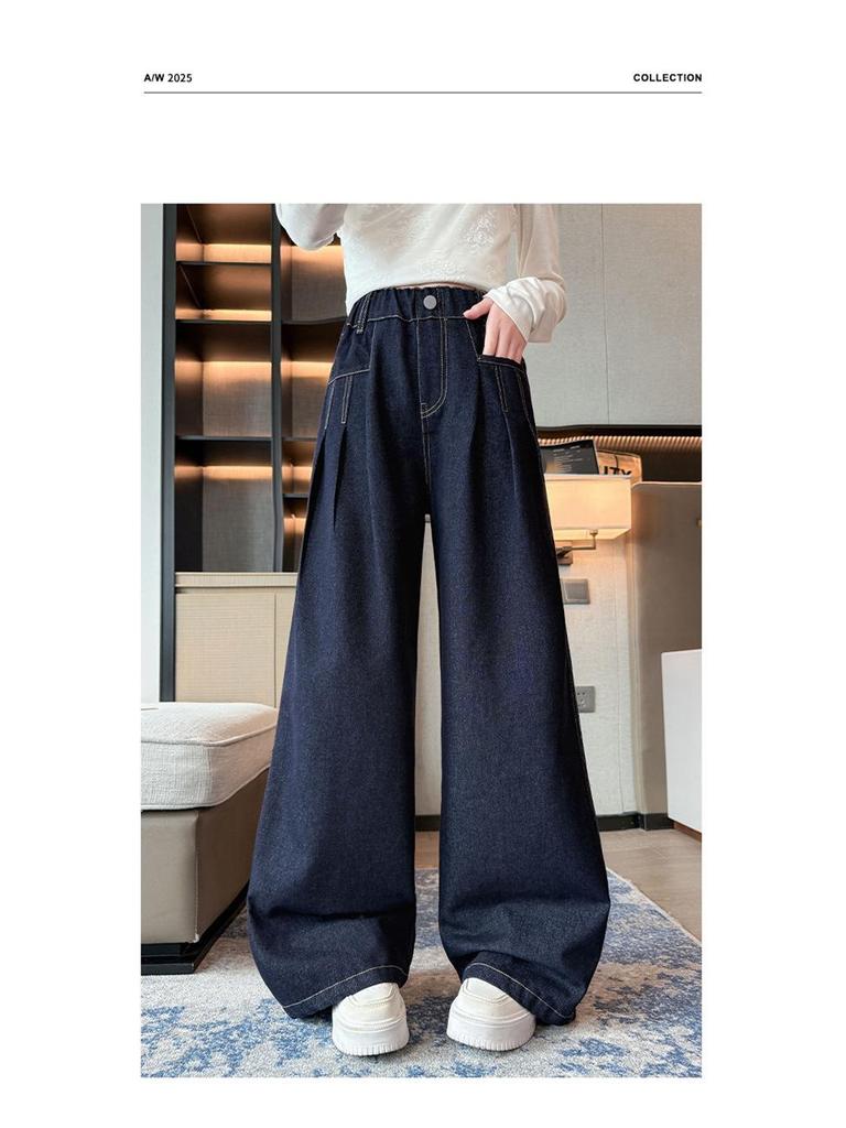 2025 Mädchen Dunkelblaue Weitbeinige Jeans mit Fleecefutter - Stilvolle Herbst-/Winterhose für Mittelschülerinnen