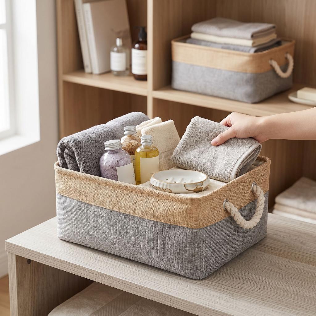 Linen Storage Basket Soft Fabric Organizer with Rope Handles Modern Nordic Style Lightweight Storage Box for Bedroom