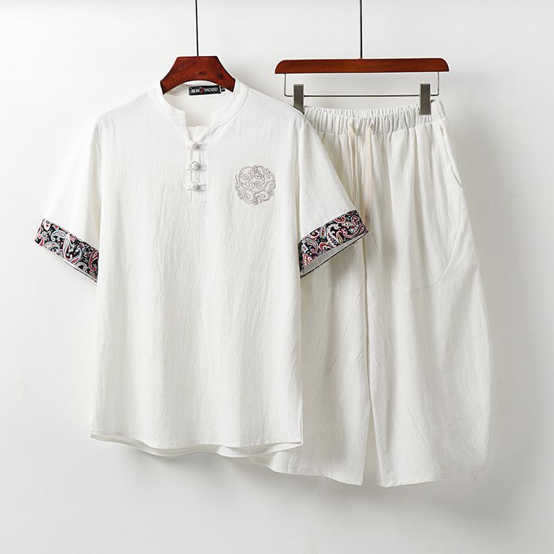 Short-sleeved Suit Men's Summer Thin Disc Button T-shirt Tide Chinese Style Men's Cotton and Linen Retro Stand-up Collar Two-piece Suit