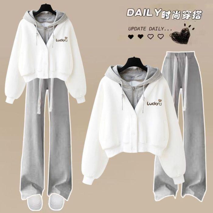 Women's 2 Piece Tracksuit Set Fake Two Piece Hooded Crop Sweatshirt & Elastic Waist Wide Leg Pants Loose Casual Spring Fall Matching Outfit