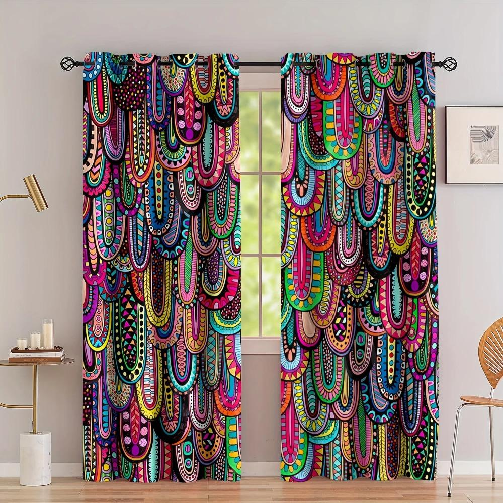 2-Piece Boho Vibrant Color Chic Geometric Curtains Light Filtering for Living Room Bedroom Kitchen Stylish Aesthetic Curtain