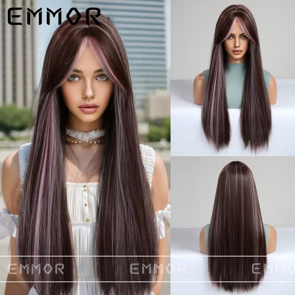 European and American Style Women Long Straight Wig with Blunt Bangs Front Lace Heat Resistant Synthetic Fiber Ombre Gray Wigs