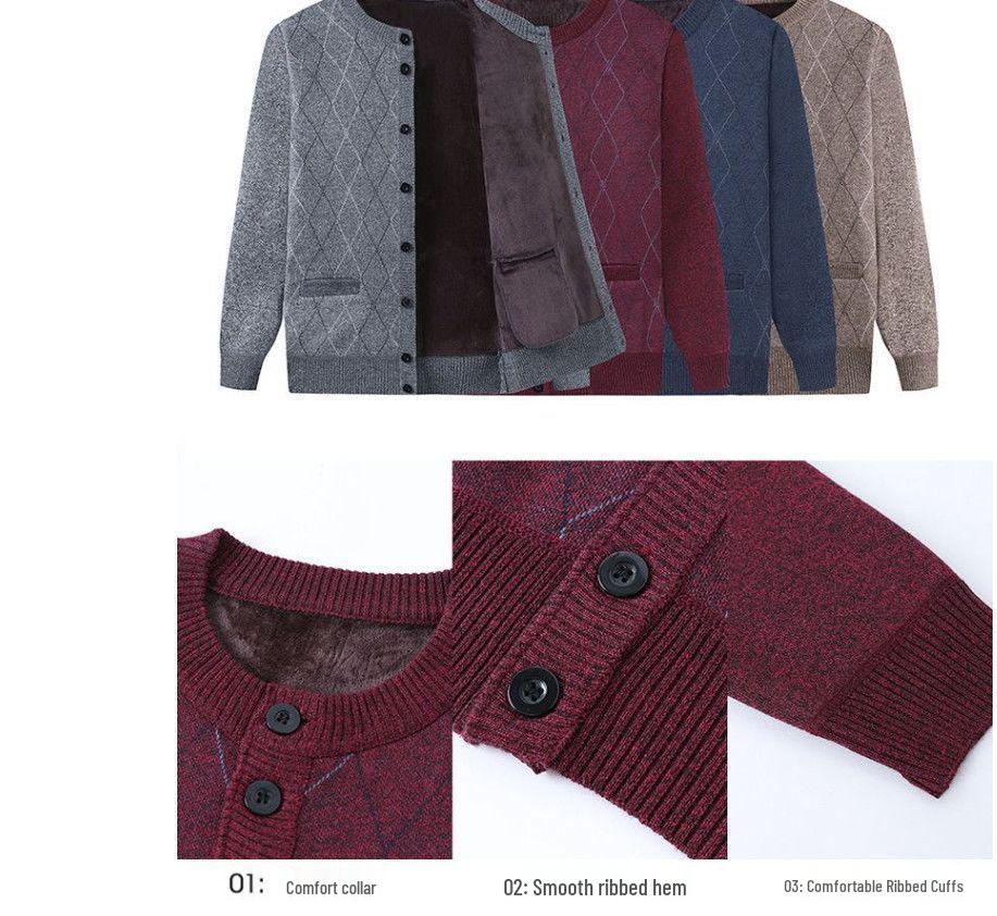Men's Thickened Knit Cardigan - Warm, Velvet-Lined Sweater for Middle-Aged and Elderly, Perfect for Autumn and Winter.