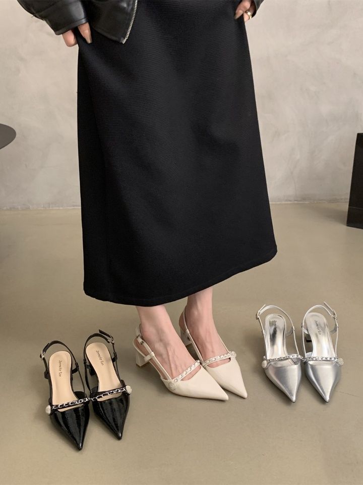 French evening breeze temperament pointed high heels women's sandals women's summer wear gentle fairy thick heels empty single shoes