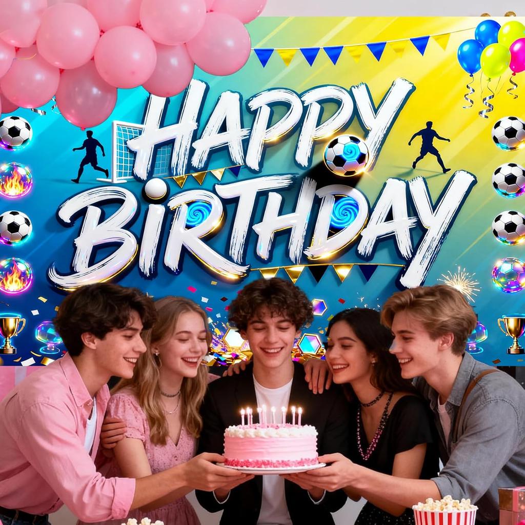 Glowing Soccer Happy Birthday Banner, Large Sports Backdrop for Outdoor Indoor Party Photo Booth