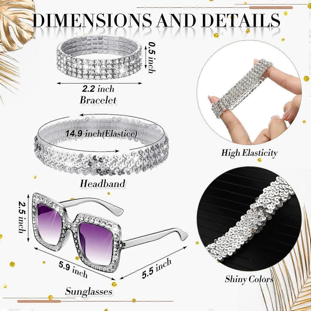 5 Pcs 70s Disco Accessories Women Costume Jewelry Disco Earrings Sequin Scarf Sunglasses Diamond Bracelet Headband