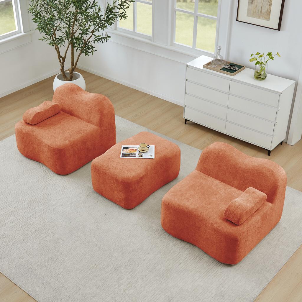 2-Seater L-Shaped Modular Boneless Sofa with 1 Ottoman, Wave Shape, Movable Armrest Cushion, for Living Room & Apartment, No Assembly Required, Orange
