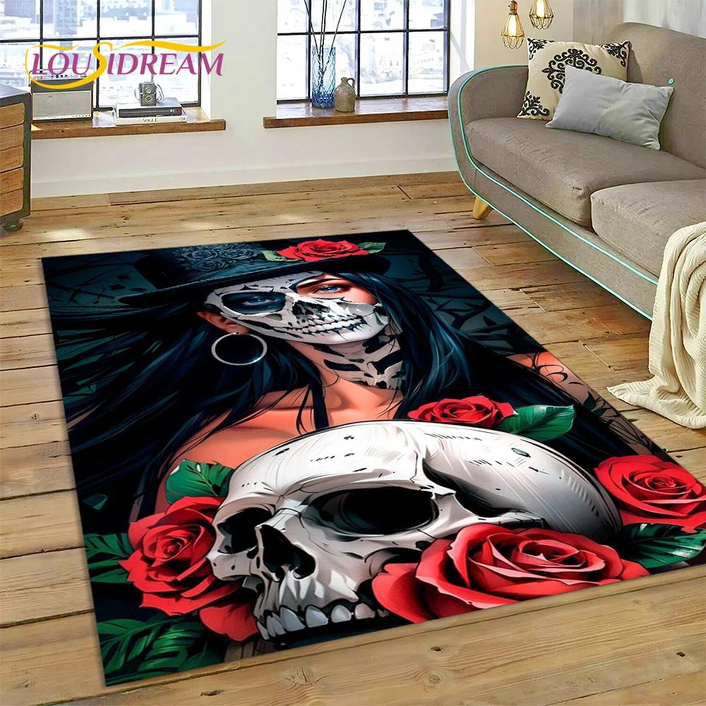 Skull Dead Girl 3D Gothic Horror Female Rose Rug Carpet for Living Room Bedroom Decor,Non-slip Decoration for Sofa Doormat Gift