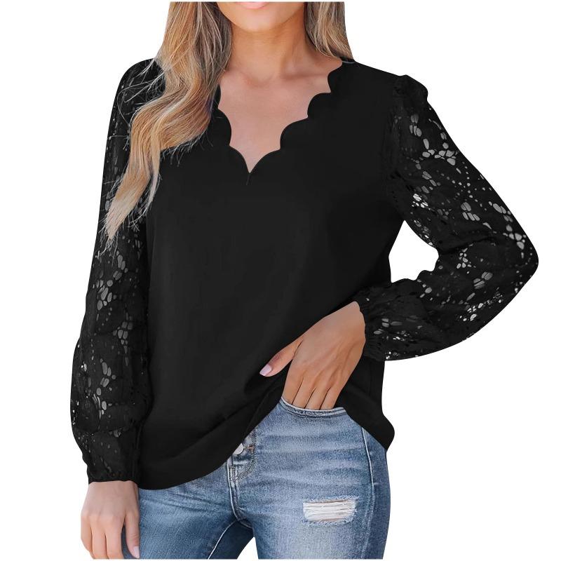 Spring New Women's V-neck Lace Hollow Lace Long-sleeved Loose Pullover Shirt