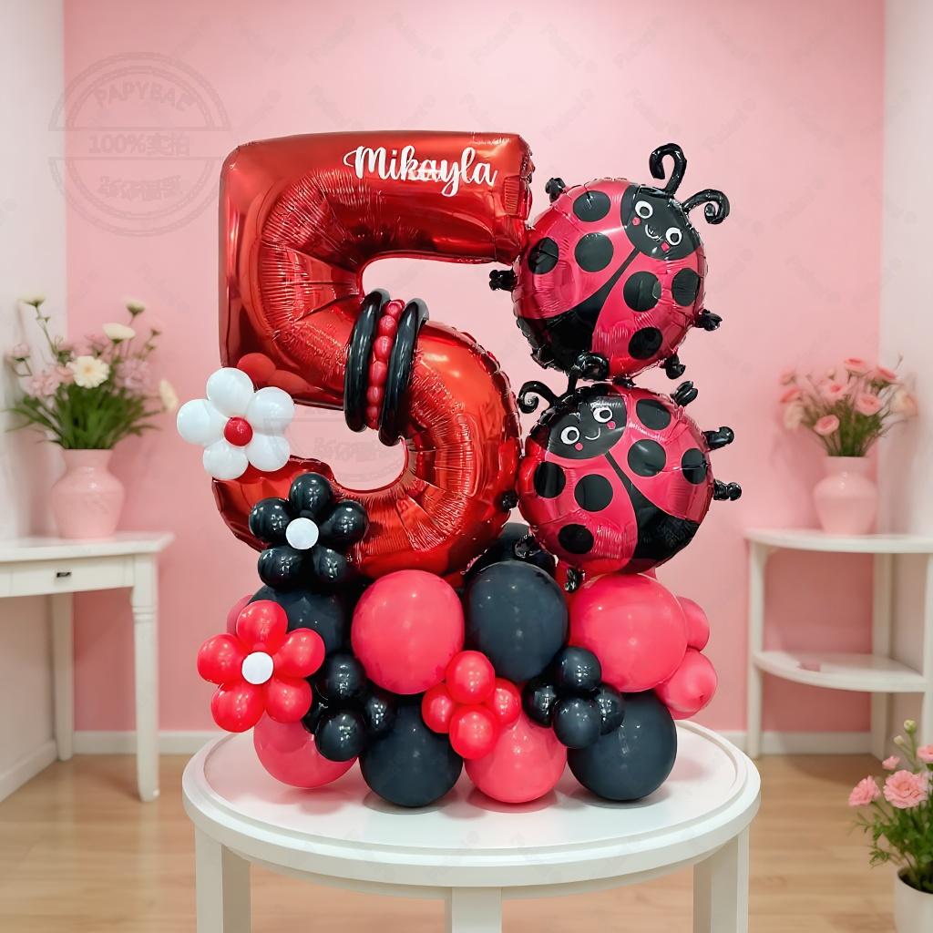 62pcs LadyBug Foil Balloons Garland Arch Kit Red Number Foil Ballon 1-9 Black Dot Happy Birthday Banner Party Decors Air Globos