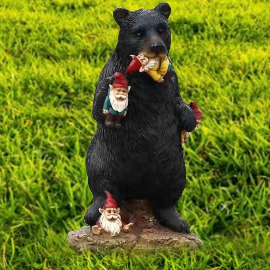 Black Bear Eating Little Elf Garden Ornament Statue