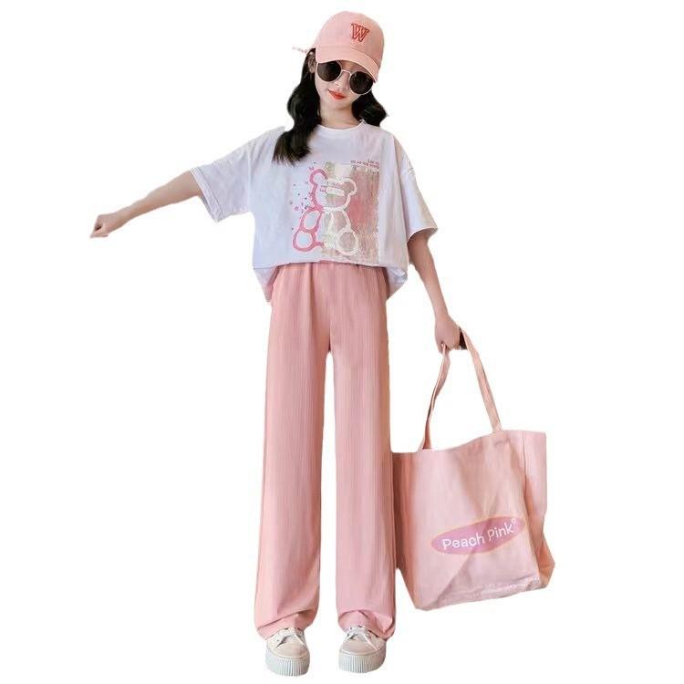 summer spring Teenager Clothes Children Set loose bear short white T-shirt + straight Pant Suit tracksuit 5 to 12 year
