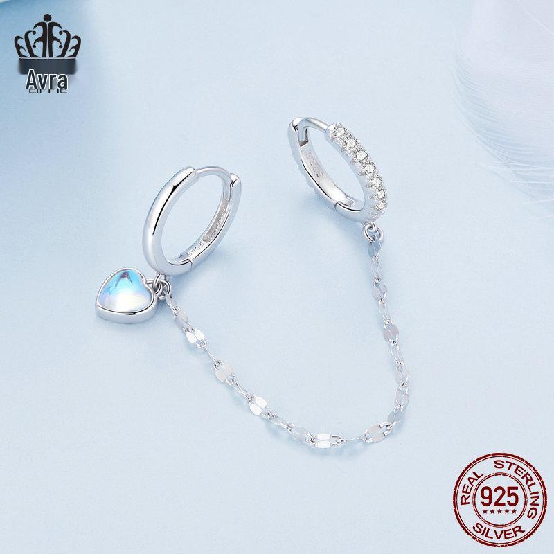 Avle Sterling Silver S925 Heart-Shaped Moonstone Chain Double Ear Cuff Earrings BSE809