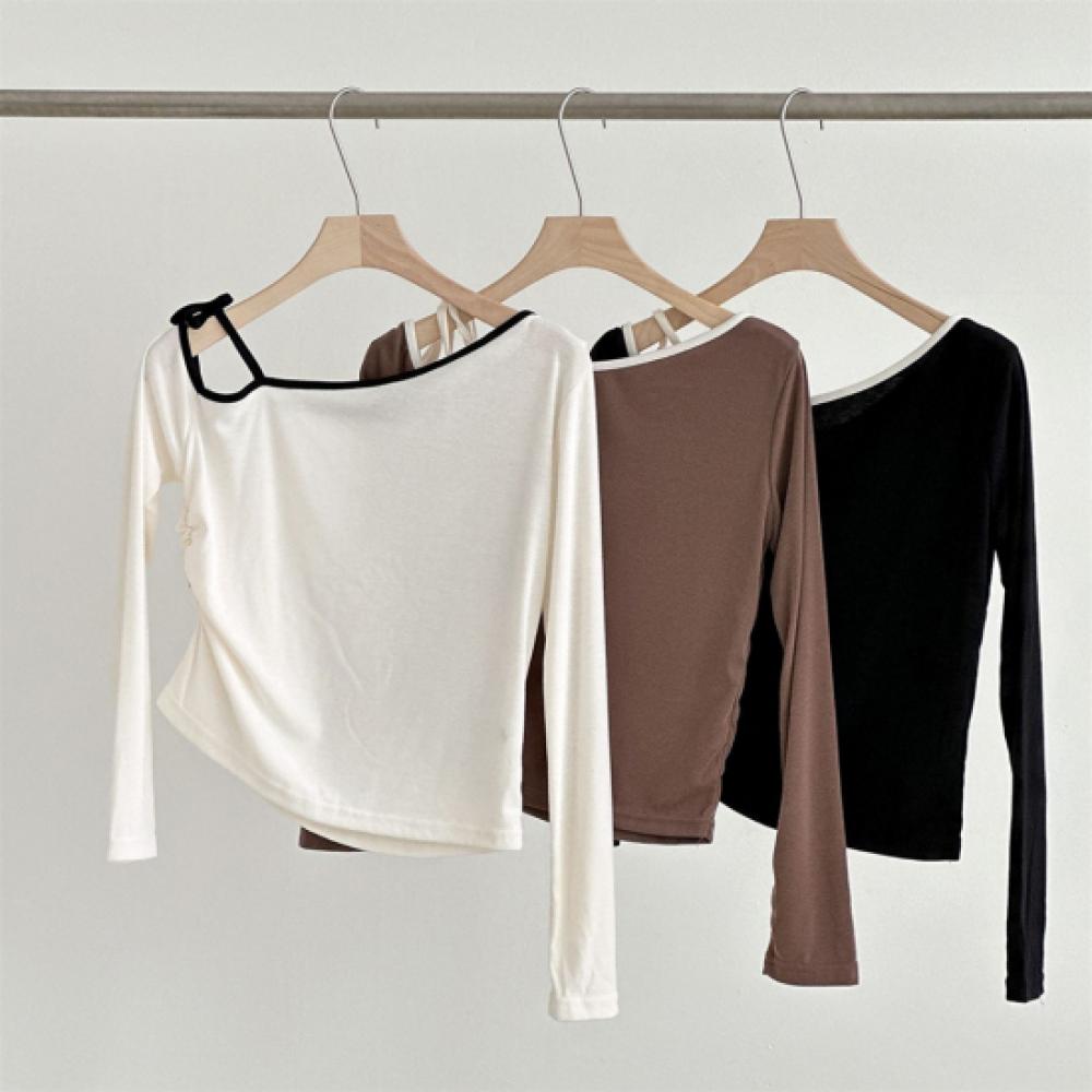 New ArrivalS Open Run Women S One Shoulder Color Block Ribbon Long Sleeve tShirt