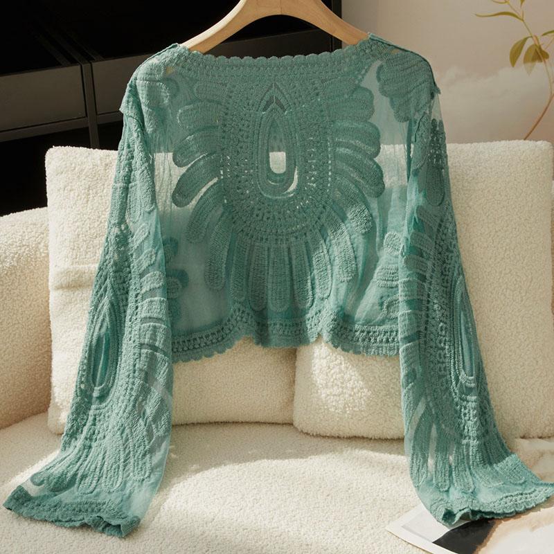 Women's Summer Long Sleeve Lace Mesh Sunflower Embroidered Pullover Swimsuit Cover Up Beach Vacation Outerwear Sun Protection Top