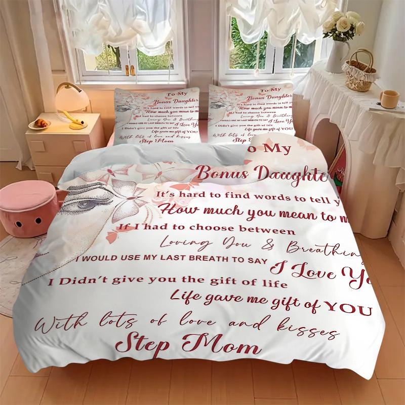 3pcs Heartfelt Message from Step Mom Bedding Set, 1 Soft Quilt Cover + 2 Pillowcases, Machine Washable, Suitable for All Seasons
