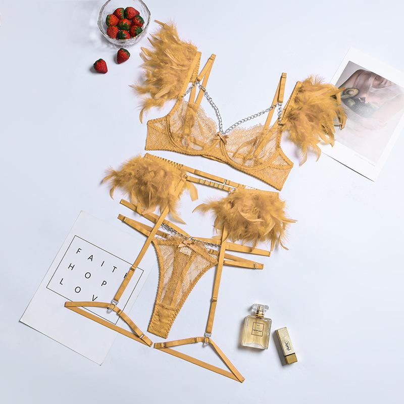 Sexy Lingerie, Complex Craftsmanship, Metal Chain Lace, Feather Lace, Eyelash Underwear, Four or Three-piece Set