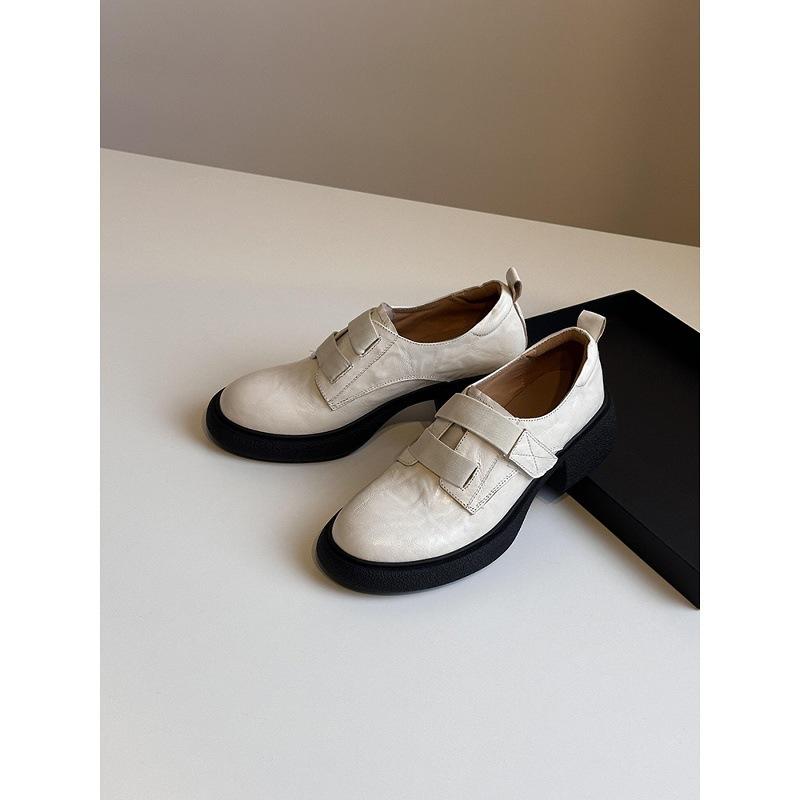 Sheepskin Version~ British Style Platform Velcro Loafers Women's One-pedal Leather Comfortable Thick Heel Silent Small Leather Shoes