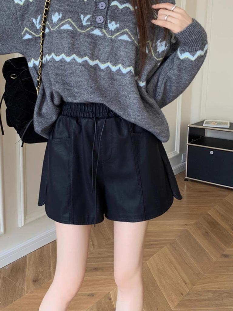 Women's Coffee Leather Shorts - Autumn Style, High Waist, Slimming, Drawstring, Wide Leg, Versatile, Casual.