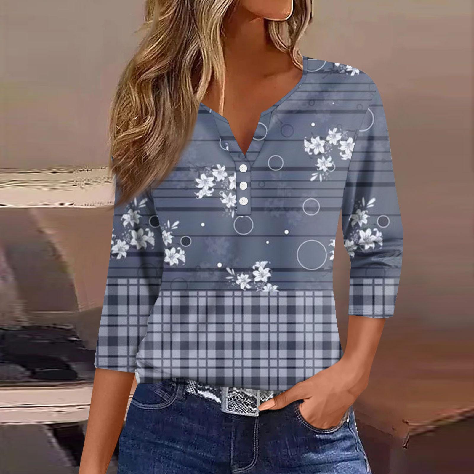 

Женская модная повседневная футболка с v-образным вырезом и семью рукавами с принтом, топ XXXL тёмно-синий