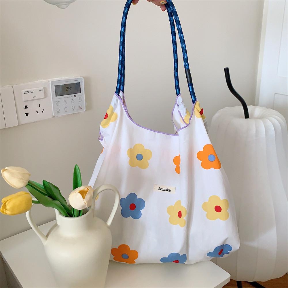 Chic Korean Style Floral Tote Bag Roomy Soft Cotton Summer Shoulder Bag For Everyday Use
