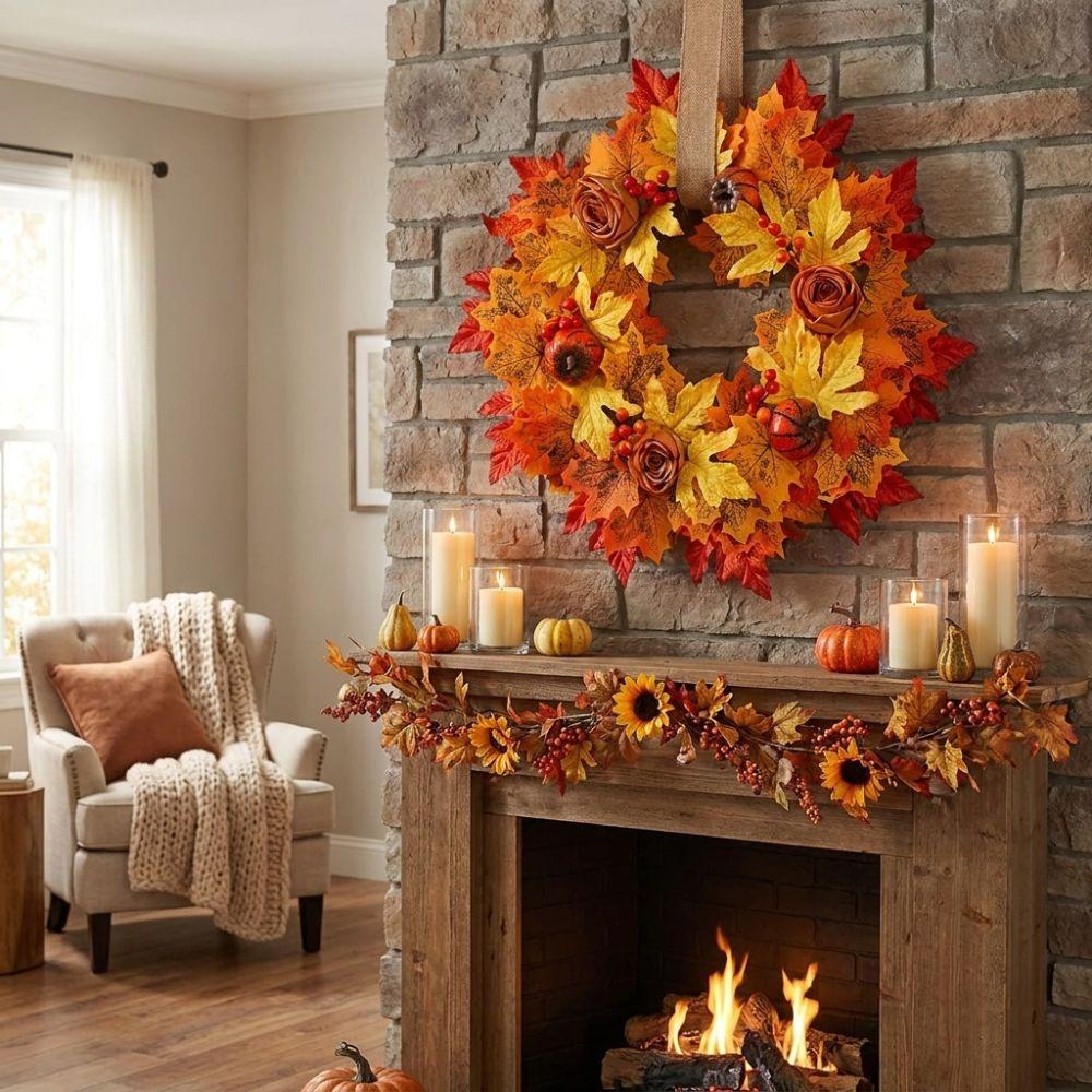 Fall Harvest Halloween Pumpkin Maple Leaf Wreath Autumn Maple Leaf Simulation Pumpkin Door Wreath Rustic Style Artificial Wreath