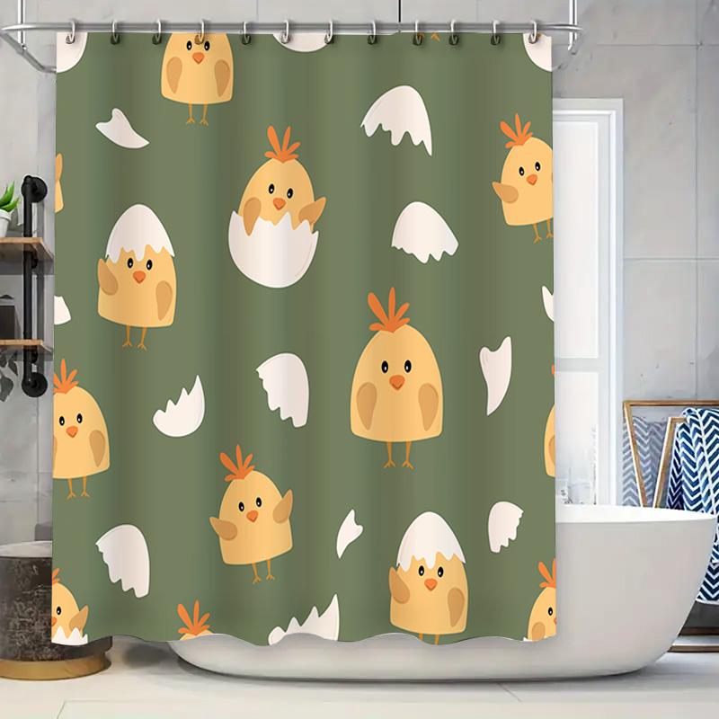 

Chicken Eggshell Shower Curtain Green Yellow Chicken Print Bath Mat Decor For Kids Room Polyester Fabric Waterproof Home Linen A W60H190(CM)-1 Pcs