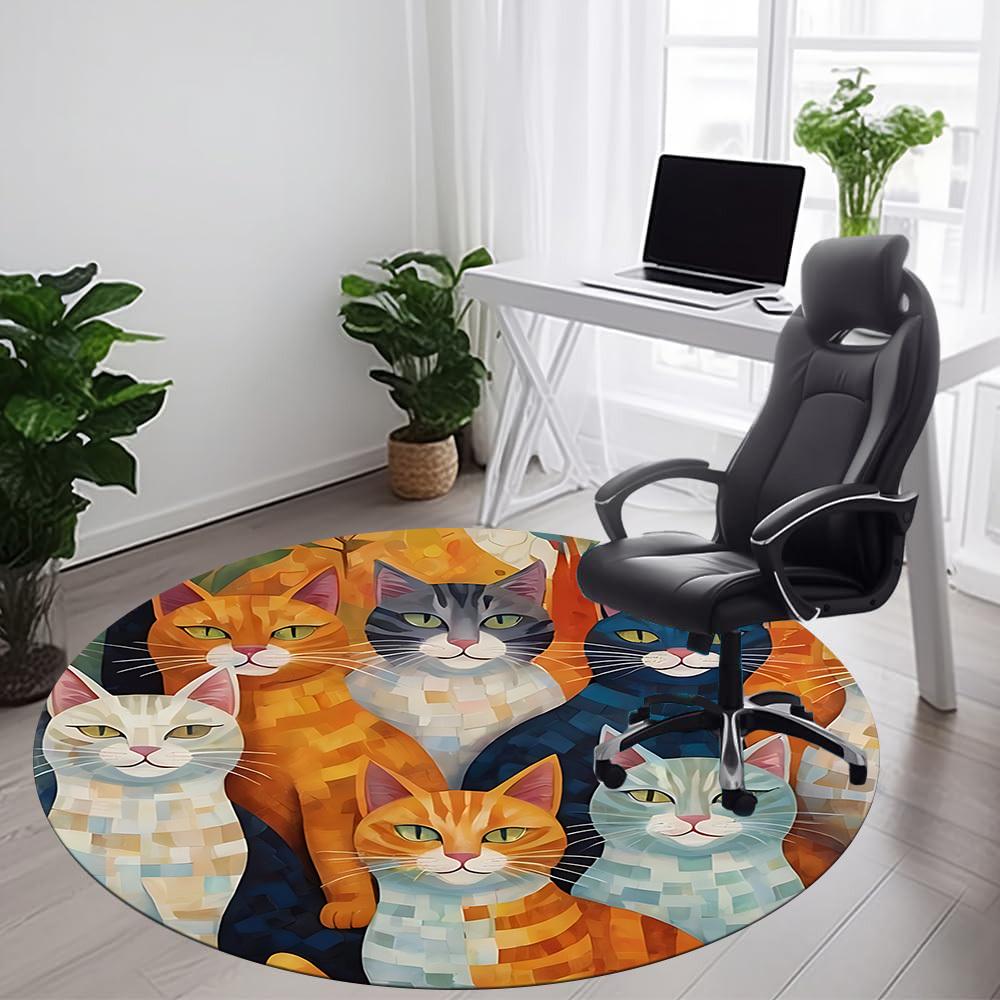 1PC Cat Family Office Round Area Rug, Indoor Mat Suitable ForOffice, Under Office Chairs Bedroom Living Room Home Decor, Room Deco f003