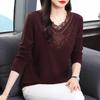 Women's Autumn Long-sleeved V-neck Lace Mom T-shirt Warm Inner Bottoming Shirt