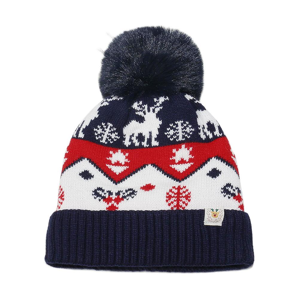 

Осень и зима новая детская шерстяная шапка Рождественский лось снежинка жаккардовая флисовая вязаная шапка дети M（52-54cm） темно-синий